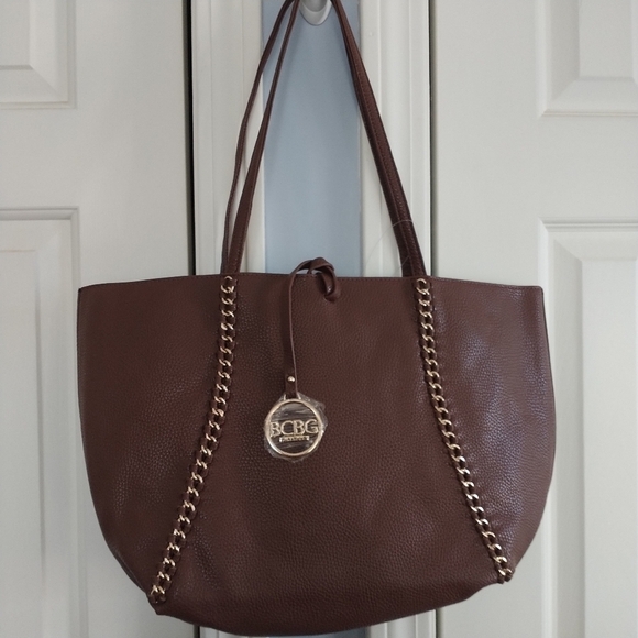 BCBG Paris Faux Brown Leather Shoulder Bag Tote - Picture 2 of 14